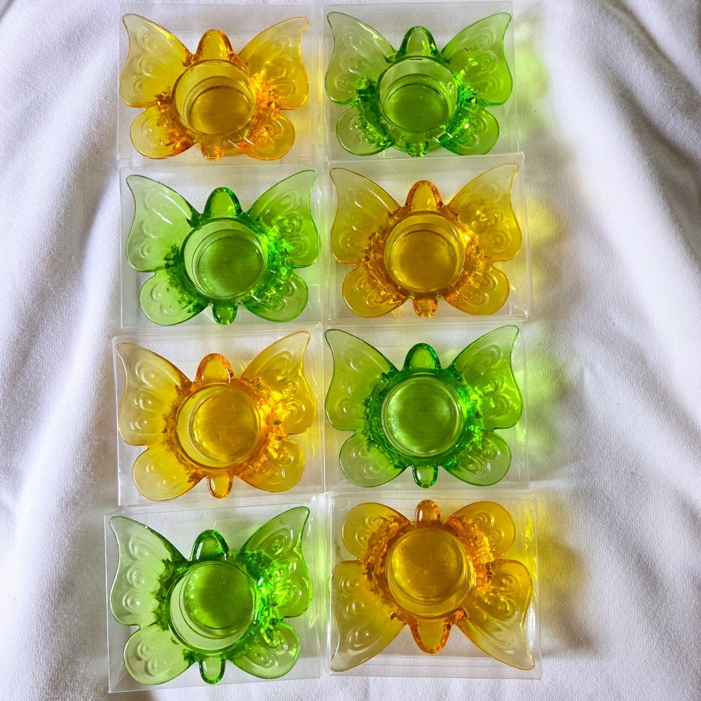 Michaels Butterfly Tealight Holder Set 8 Spring Splendor Green Amber Glass